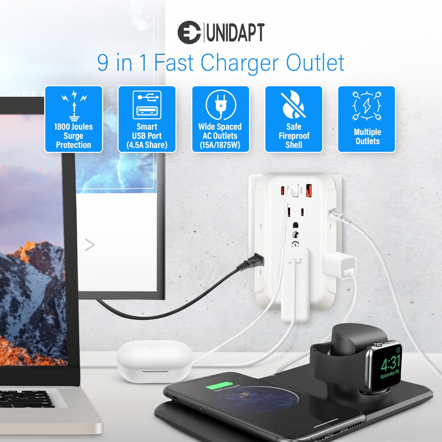 9-in-1 Outlet Extender with USB, 6 AC Ports, PD 20W USB-C – Fast Charges iPhone 3x Faster – 1800J Surge Protector – Compact 3-Sided Power Hub for Kitchen, Office, Bedroom & Travel (3.6" x 5.5")