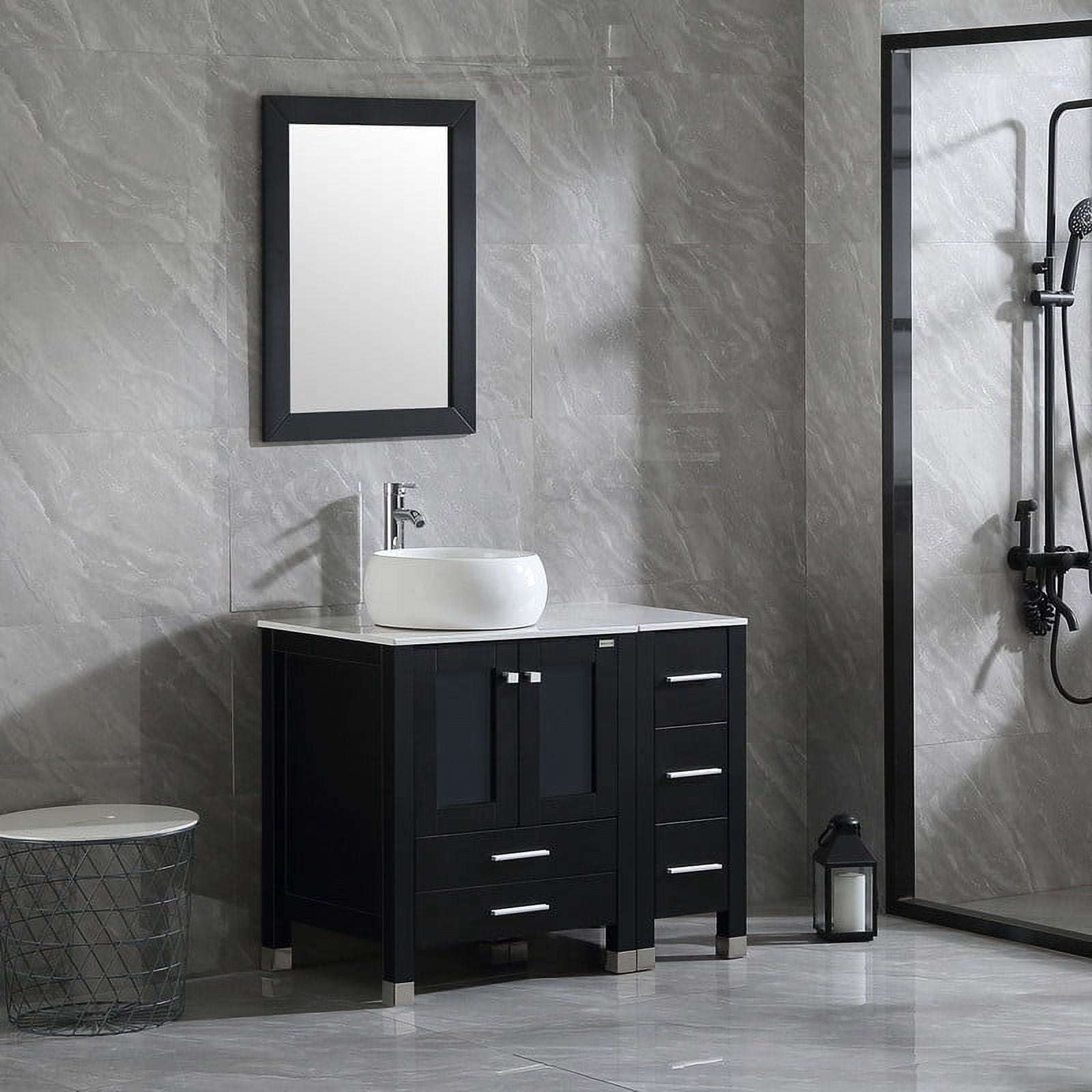 Wonline 36" Luxurious Bathroom Vanity and Sink Combo Wood Cabinet Top Round Ceramic Vessel Sink Faucet Drain Combo with Mirror Vanities Set,Black