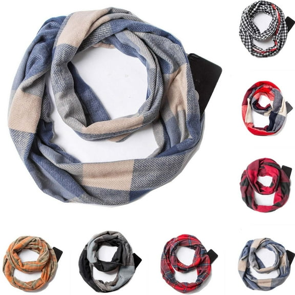 Lovzfmll Infinity Scarf for Women & Men, Plaid Thick Winter Neck Warmer with Zipper Pocket, Couple Matching Scarf