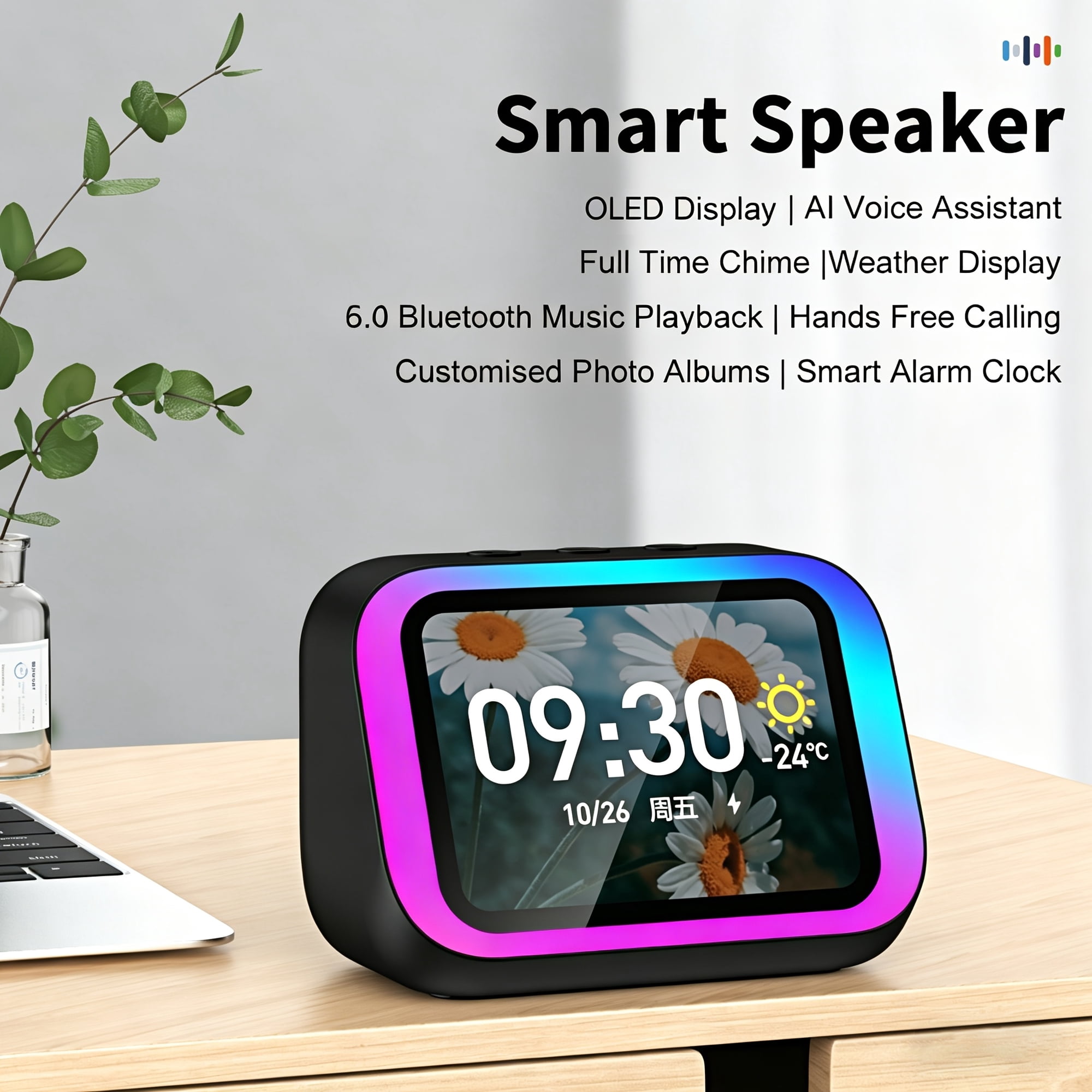 AI Smart Speaker, Smart Alarm Clock with Wireless Speaker & Dynamic RGB Light, Hi-Fi Stereo Sound, HD Smart Display, Answer/Make Call, Voice Assistant, Period Tracker, 2500mAh Battery