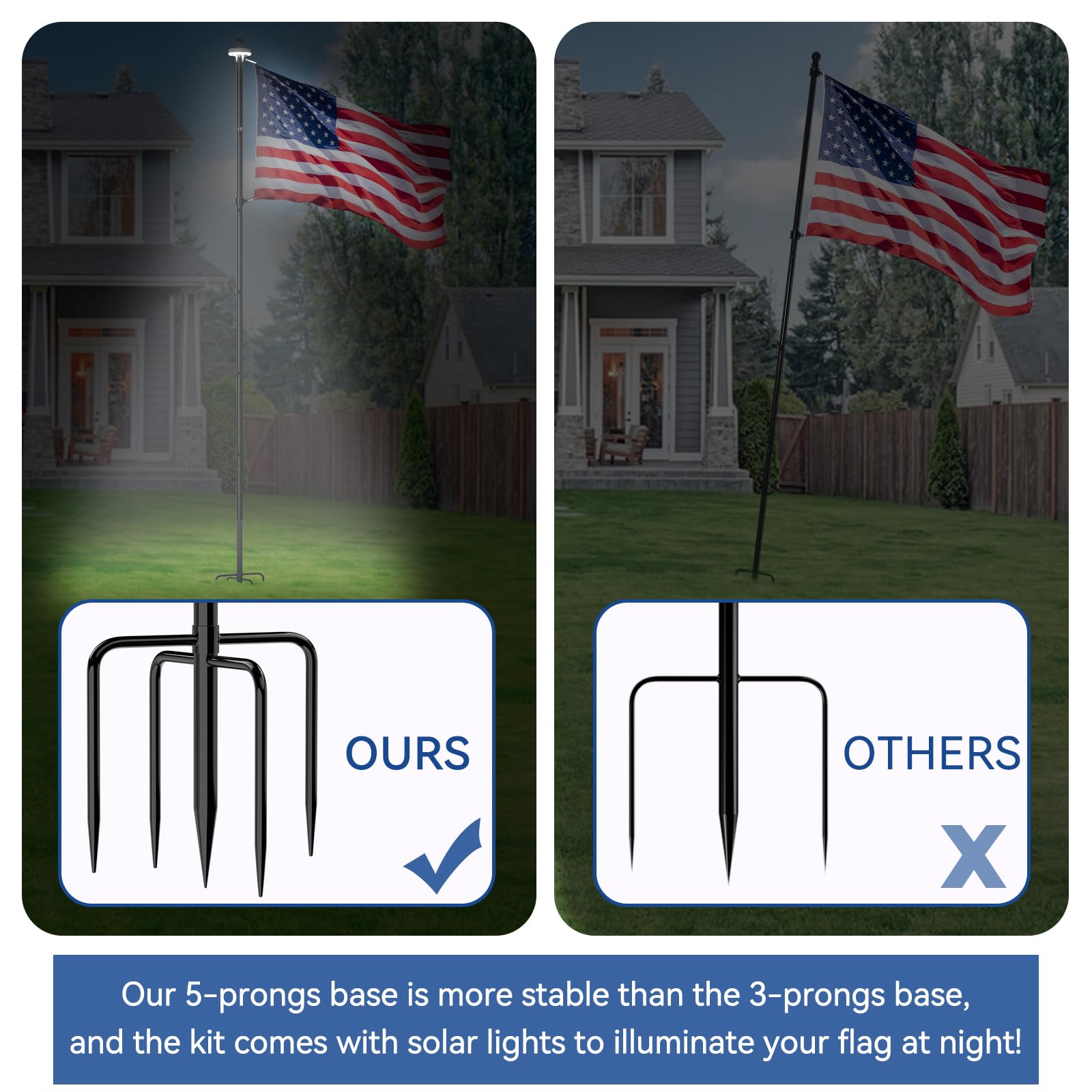 FIASON 10 FT Black Stainless Steel Flag Pole, Tangle-Free Heavy Duty In-Ground Kit with Solar Light & 5-Prong Base for Yard Garden Commercial Outdoor Use, No Flag Included