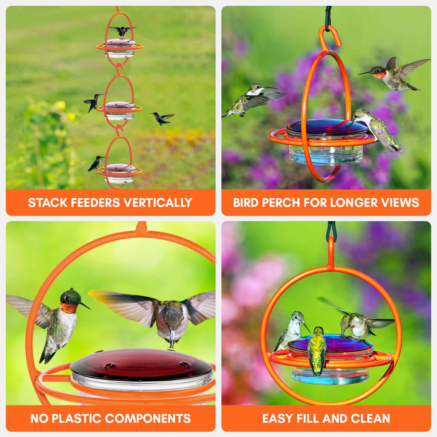 Mosaic Birds Recycled Glass and Metal Hummingbird Feeder for Outdoors - Hanging Bird Decor for Gardens - Orange