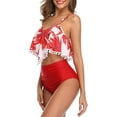 thumbnail image 3 of ZECATL Maillot de Bain Bikini Taille Haute à Volants pour Femmes Deux Pièces avec Pompons Rouge Cocotier, 3 of 7