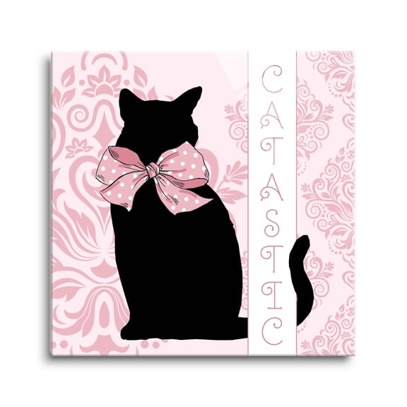 Catastic Pink Damask Black Cat 24 x 24 Glass Wall Hanging Sign