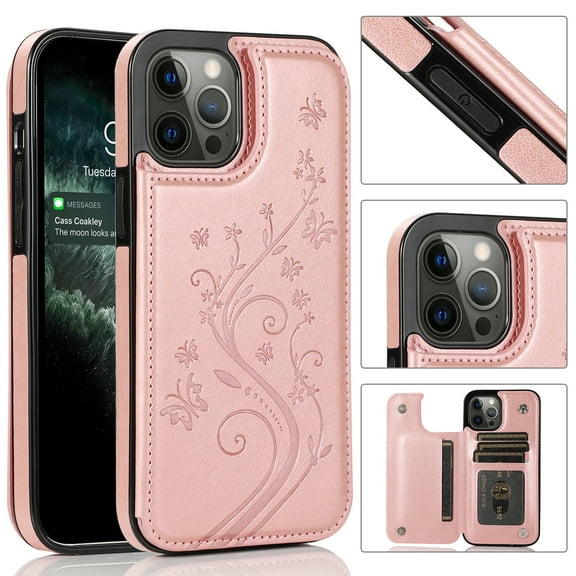 For Apple iPhone XR PU Leather with [Two Magnetic Clasp] [Card Slots] Stand Durable Back Wallet Flip Cover ,Xpm Phone Case [ Rose Gold Butterfly ]