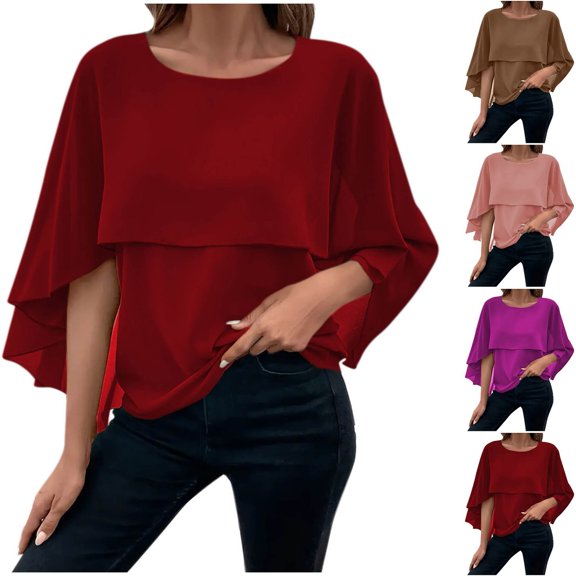 Jsaierl Short Sleeve Chiffon Tops for Women Plus Size Elegant Shirts Crewneck Athletic Ladies Blouses Boho Solid Tshirts Top S-3XL