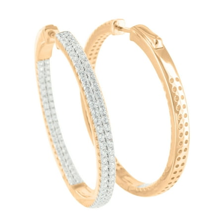 - Rose Gold Finish Hoop Earrings 2 Row Lab Created Cubic Zirconias Pierced 925 Sterling Silver Micro Pave Elegant