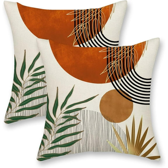 Burnt Orange Boho Pillow Covers 20x20 Inch 2 Pcs Tropical Leaf Mid Century Fall Outdoor Decor Throw Pillows Modern Geometry Farmhouse Decoration Pillowcase Linen Cushion Cover for Couch Sofa