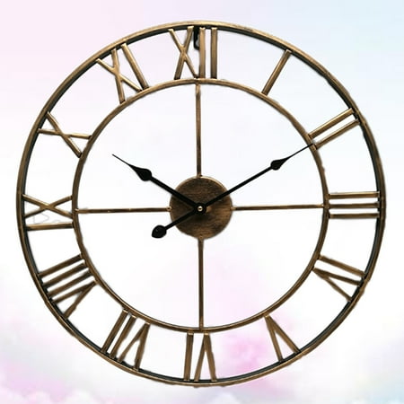 WRISTBIQUE Golden Metal Clock Vintage European Hollowedout Roman Numeral Wall Clock for Decor 15.7 Inch