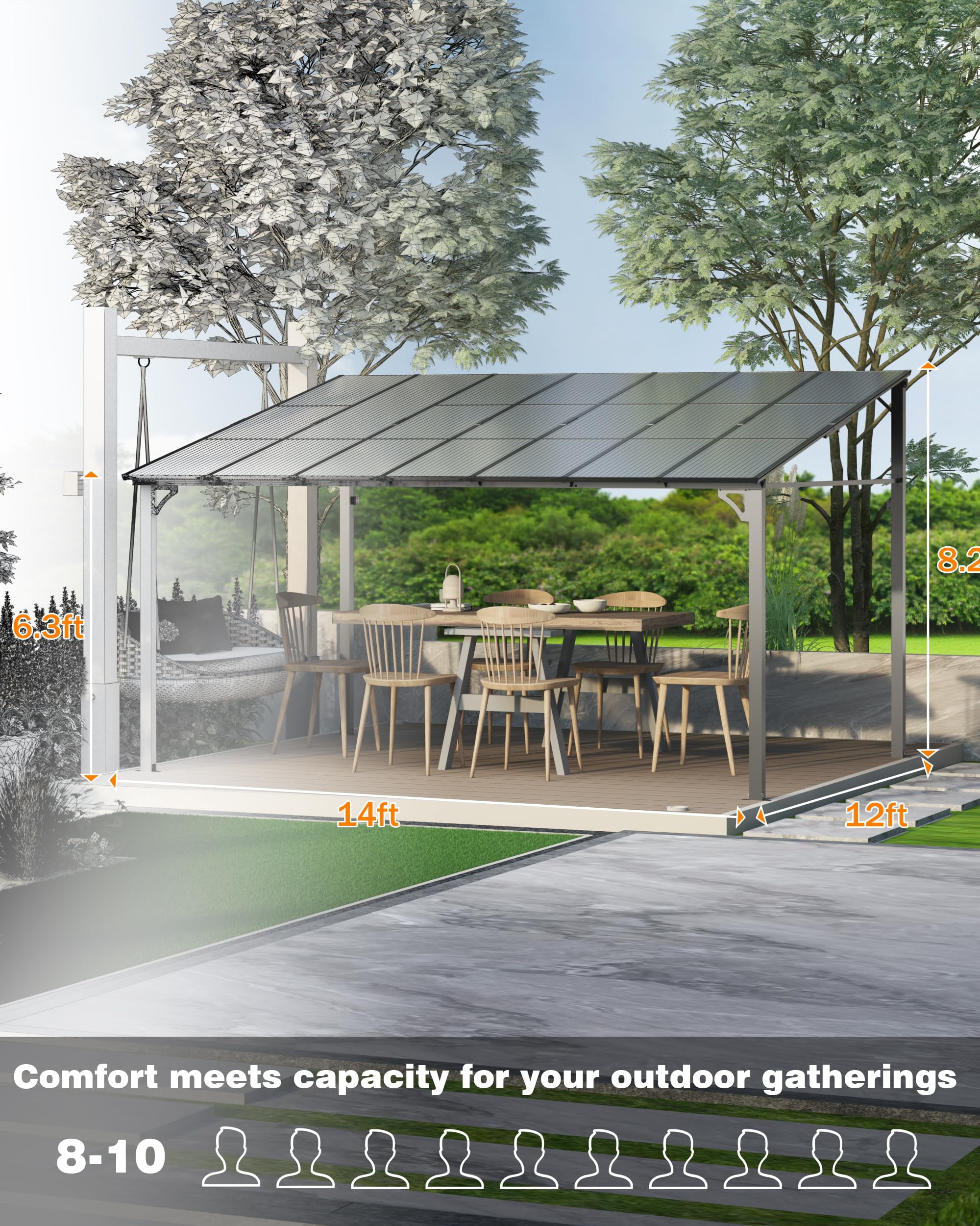 TROPOW 12' x 14' Lean to Gazebo, Hardtop Wall Pergola with Polycarbonate Roof, Aluminum Frame Mounted Gazebo for Lawn Patio Deck Yard and Party