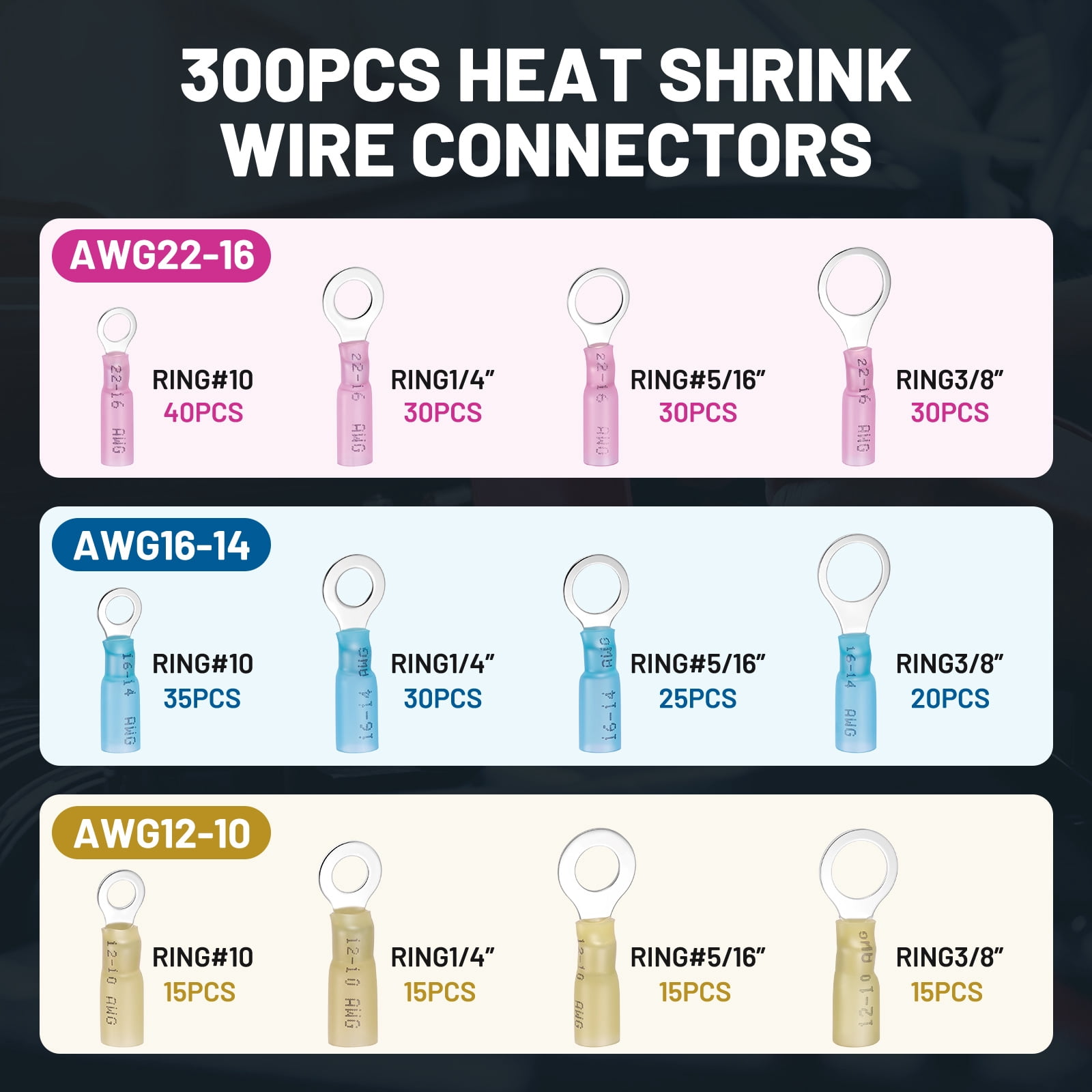 Filluck 300PCS Heat Shrink Ring Terminals, AWG 22-10 Heat Shrink Wire Connectors, Marine Grade Tinned Red Copper, Electrical Waterproof Insulated Ring Terminals Kit for Industrial, Automotive, Boat