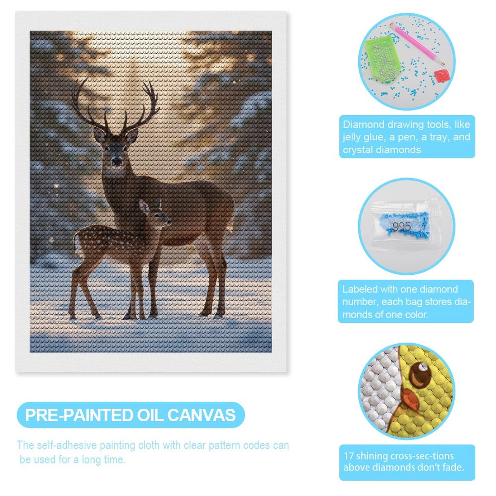 Diamond Art Kits for Adults, Winter Deer Family Snow Scene 5D Diamond Painting Kits for Adults Beginners, DIY Full Drill Diamond Painting, Gem Art and Crafts 12x16