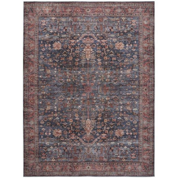 HomeRoots 9 x 12 ft. Blue & Red Oriental Power Loom Distressed Washable Non Skid Rectangle Area Rug