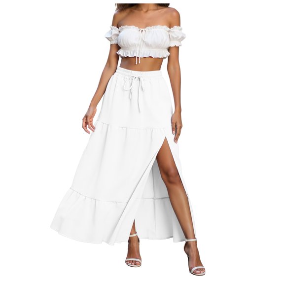 RFQWOVSR Women Flowing A-Line Maxi Skirt Slit Tie Waist Solid Color Elastic Waistband Lightweight Boho Summer Beach Casual XXL