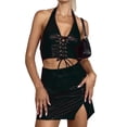 thumbnail image 1 of VISgogo - Conjunto de falda de piel sintética para mujer, cuello halter, sin mangas, cuello en V, chaleco con lazo cruzado + falda dividida de color sólido VISgogo  moda, 1 of 5