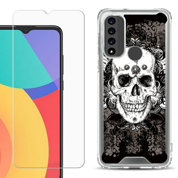 Shockproof Bumper Phone Case for TCL 20 XE, with Tempered Glass Screen Protector, by OneToughShield ® - Grunge Skull