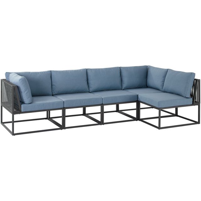 5-Piece Mid-Century Acacia Wood Outdoor Sectional Set in Blue