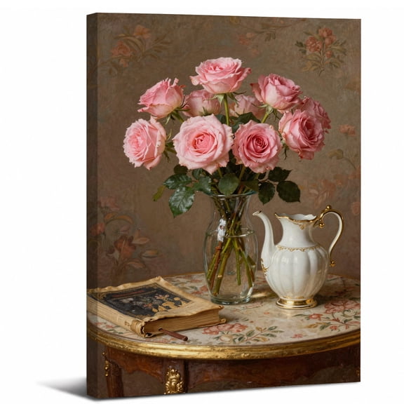 Vintage Pink Rose Canvas Wall Art Framed Decor,Pink Roses in Vase with Porcelain Pitcher canvas print perfect for bathroom bedroom or living room