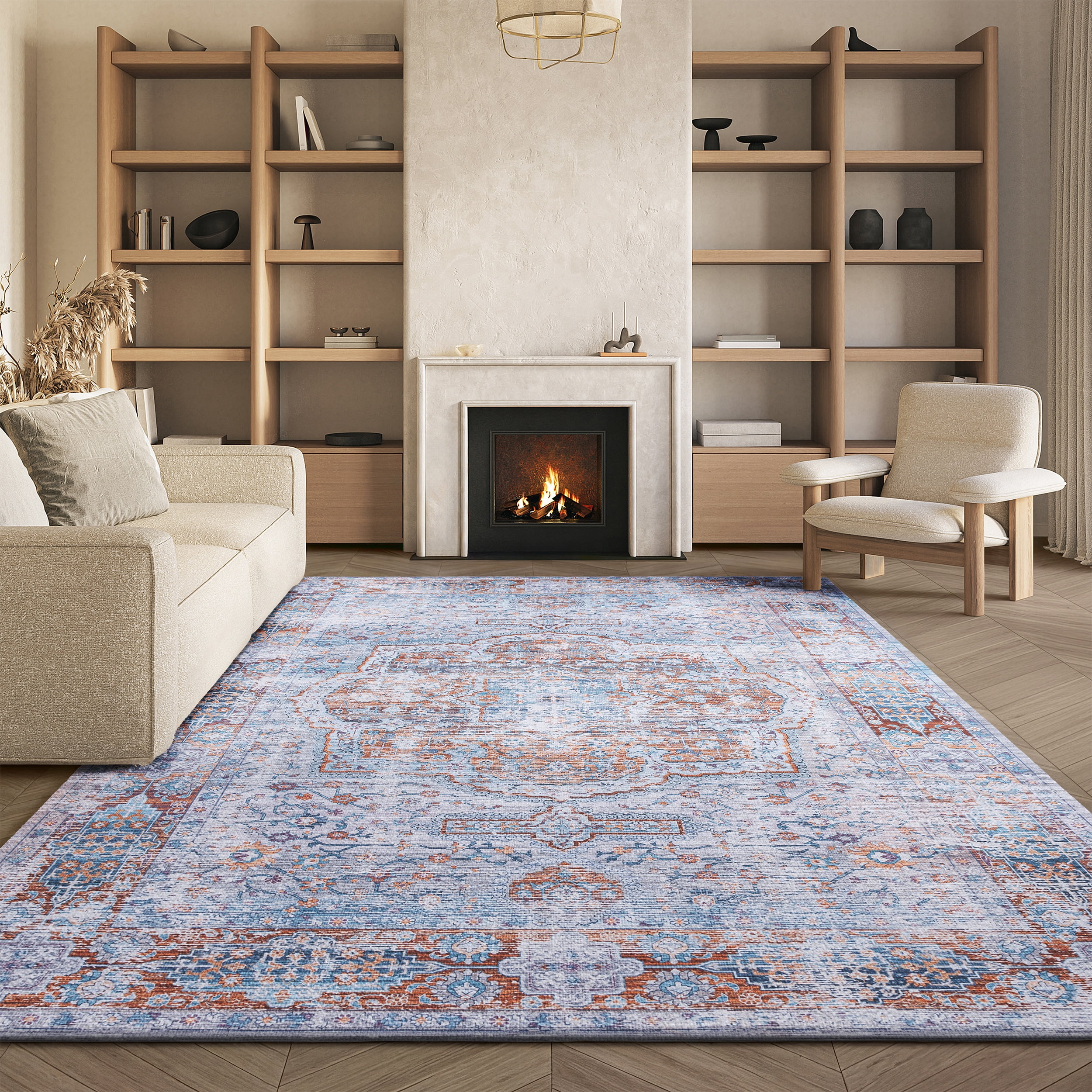 SAFAVIEH Tucson Ellison Traditional Machine Washable Area Rug, 6' x 6' Square, Beige/Rust