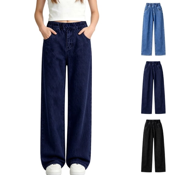 Sentuca Girls Jeans Elastic Waist Wide Straight Leg Denim Pants with Pockets Baggy Solid Color Trousers for Tween Size 11-12Y