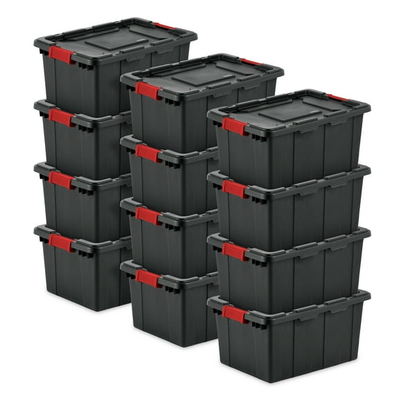 Sterilite 15 Gallon Durable Rugged Industrial Tote with Red Latches, 12 Pack