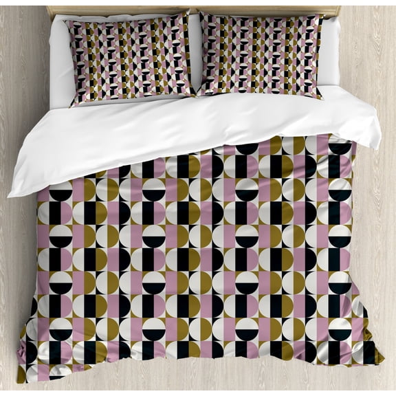 Retro Queen Size Duvet Cover Set, Bauhaus Style Abstract Geometric Pattern with Contrast Circles Squares and Rectangles, Decorative 3 Piece Bedding Set with 2 Pillow Shams, Multicolor, by Ambesonne