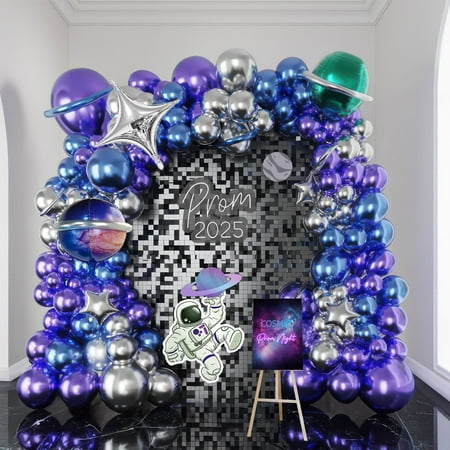 Galaxy balloon Garland PriNst Arch Kit 113pcs Metallic Purple Blue Silver Long Balloon with 4D Foil Balloons for outer Space Party Decorations Girl‘s EuphoriaTheme Birthday Supplies
