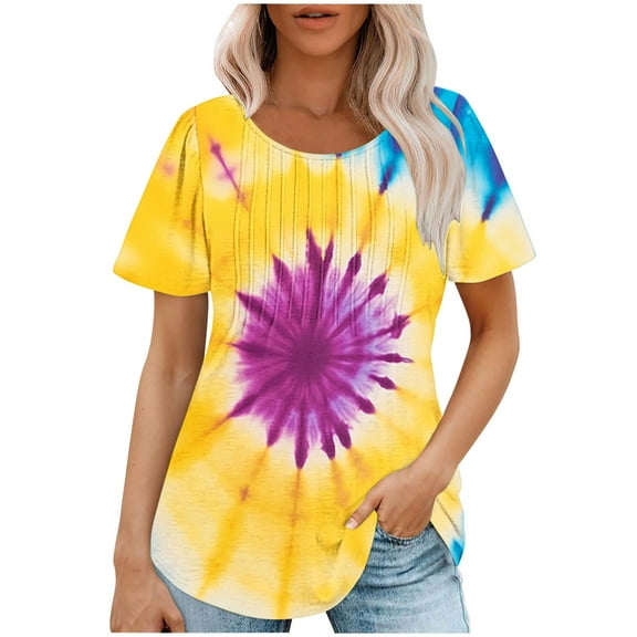jtjvou Women's Summer Short Sleeve Pullover Going out Tops for Teen Tie Dye Tops Trendy Fashion Crewneck Shirts Lady Plus Size Multicolor,L