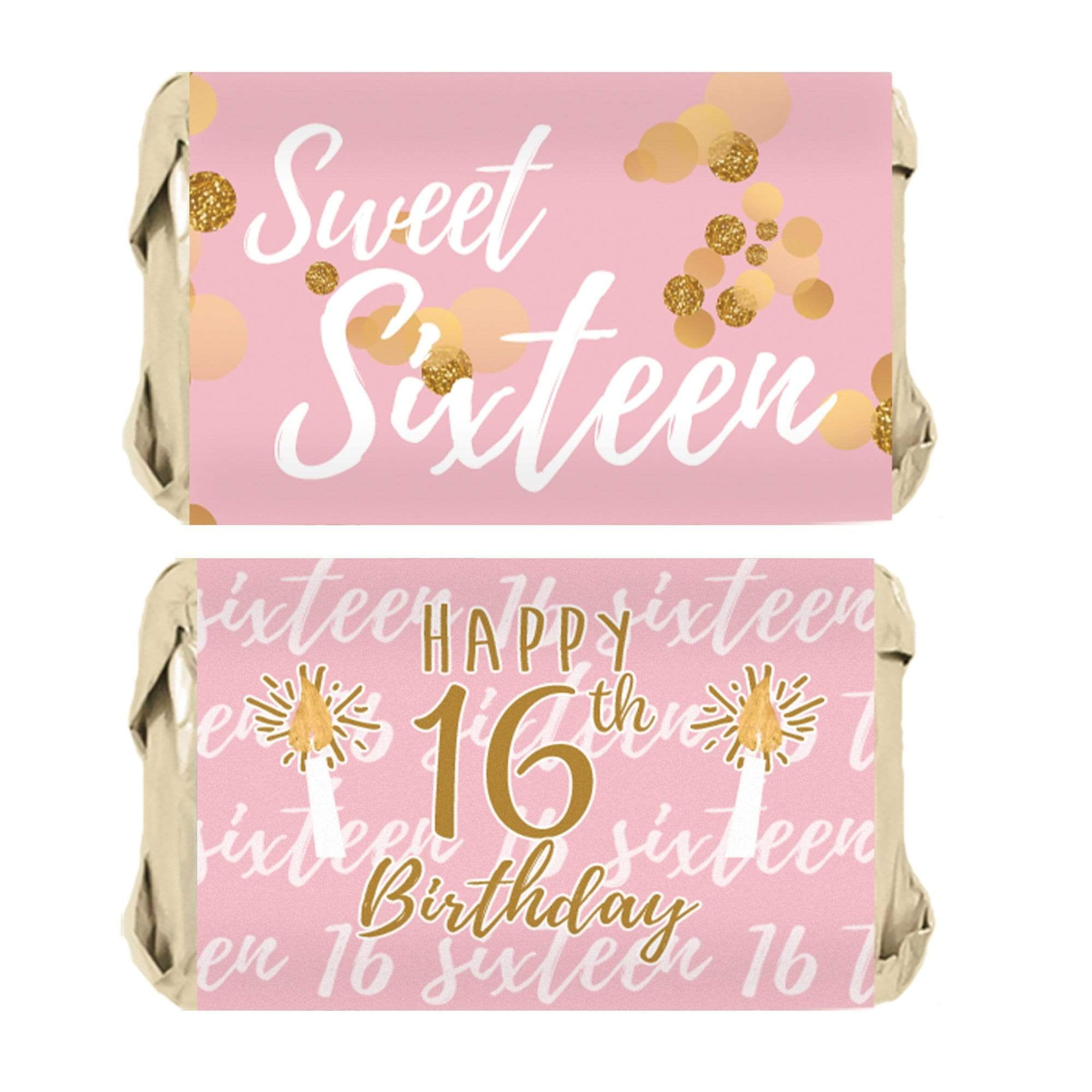 Pink and Gold Sweet Sixteen Mini Candy Bar Wrapper Stickers - Happy16th Birthday Party Favors - 45 Count - Distinctivs