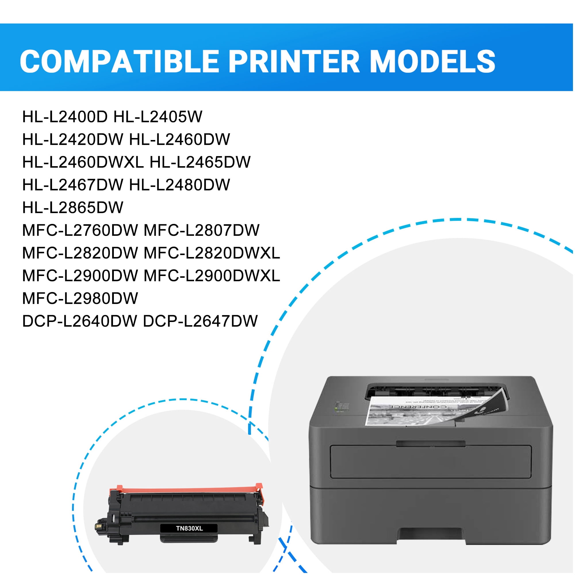 TN830 TN830XL Toner Cartridges 2-Pack Compatible for Brother TN830 TN-830 DCP-L2640DW HL-L2460DW HL-L2405W MFC-L2820DW HL-L2400D L2405W L2480DW MFC-L2820DWXL TN830XL Printer Ink Black