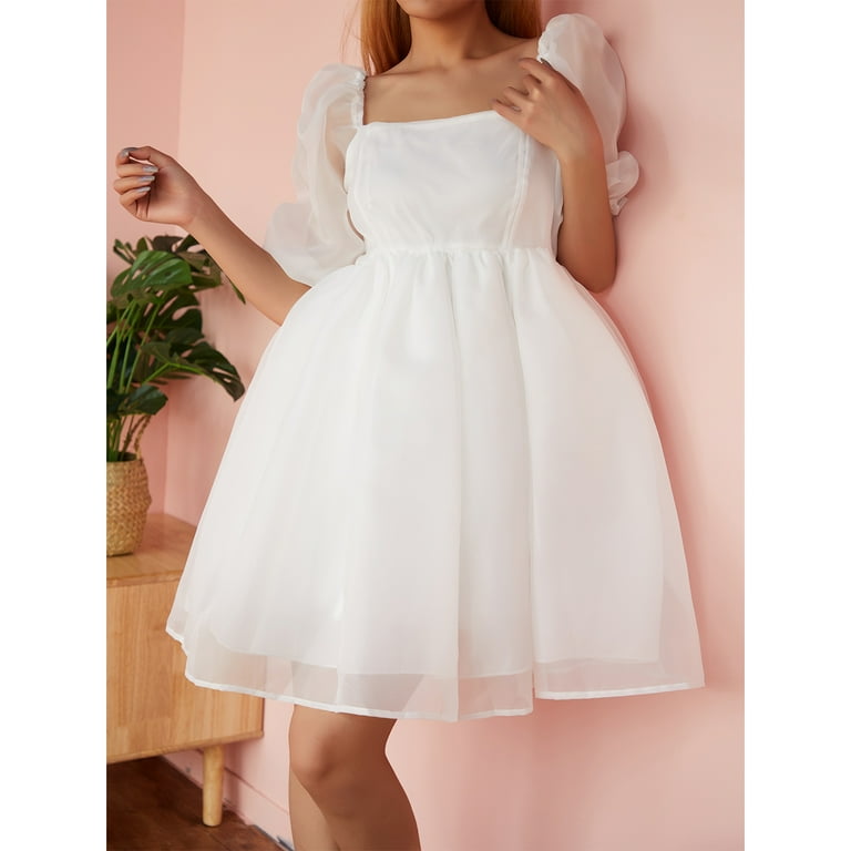 KOMOO Women Puff Sleeve Tulle Dress Fairy Ruffle Flowy Mesh