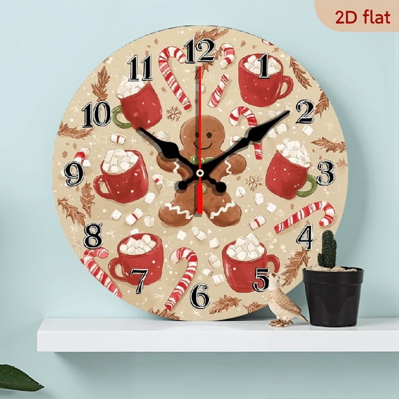 2D Flat 1pc 10Inch Wooden Large Wall Clocks, Cute Christmas Holiday Gingerbread Candy Canes Battery Operated Non Ticking Clock Silent Art Bedroom Kitchen Clock, Home Decor.