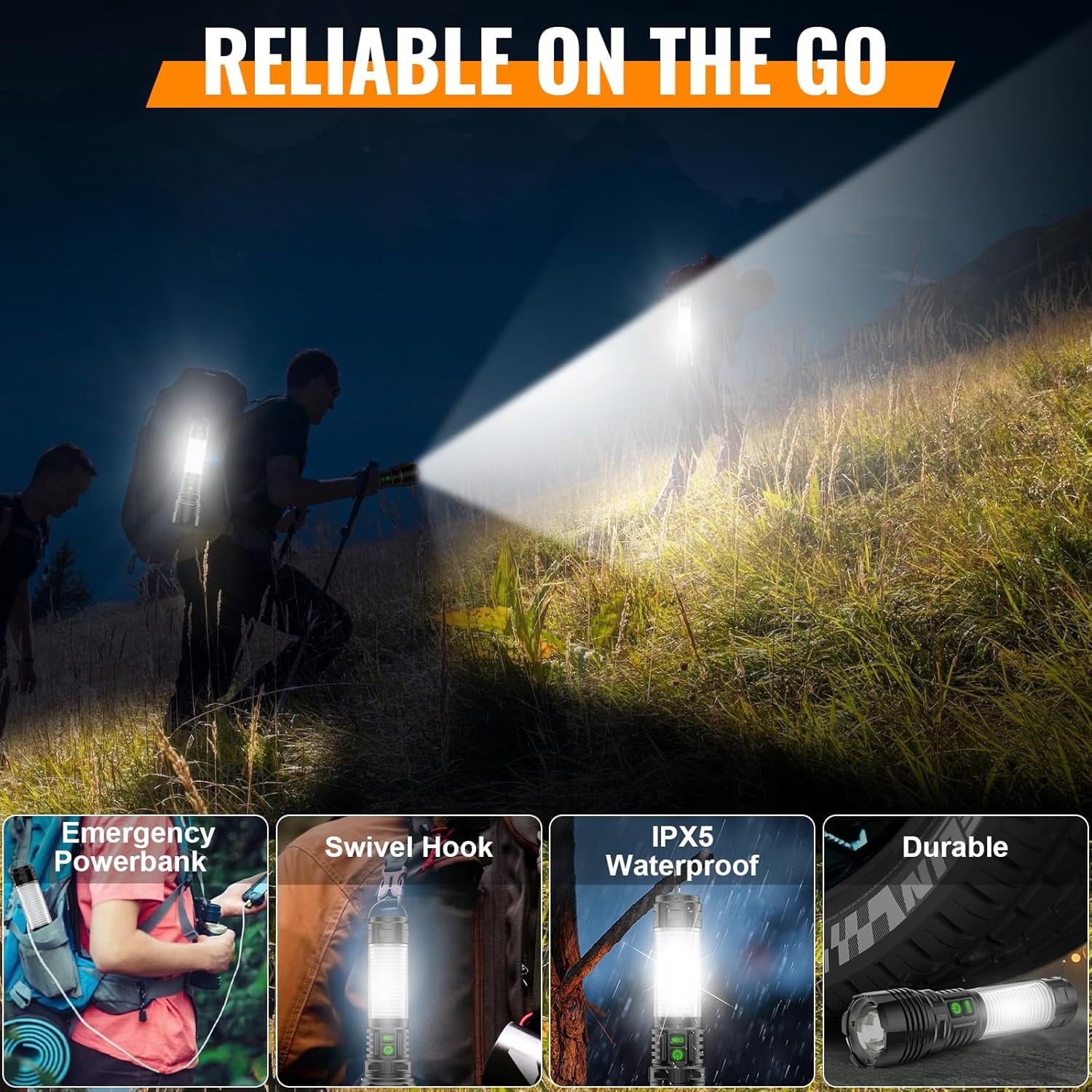 2-Pack Rechargeable LED Camping Lantern Flashlights - 2000LM Super Bright, 2000m Long Beam, 5 Modes, Waterproof, Zoomable for Camping, Hiking & Emergencies