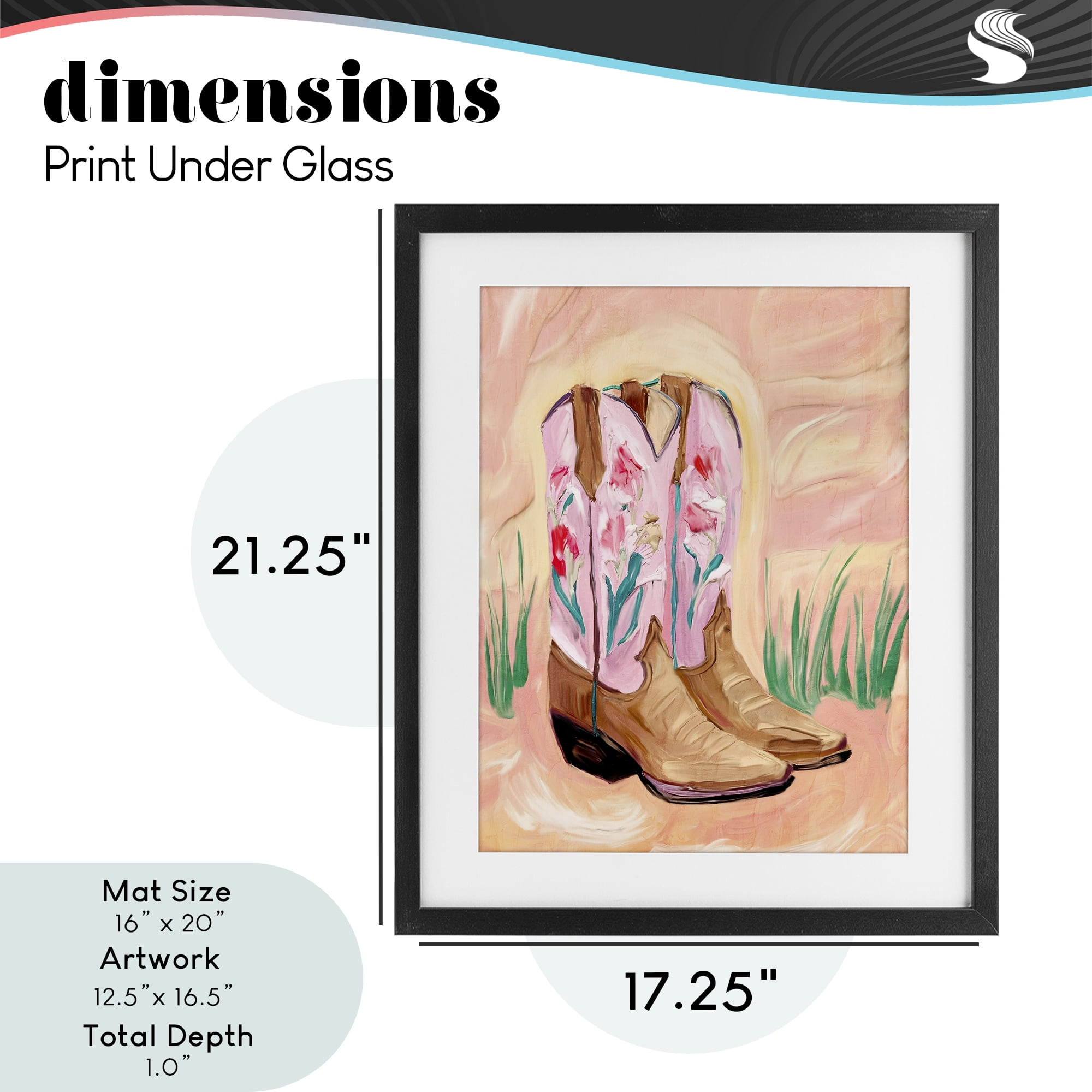 Floral Pinks Boots Black Framed Print Under Glass, design by Kim Allen