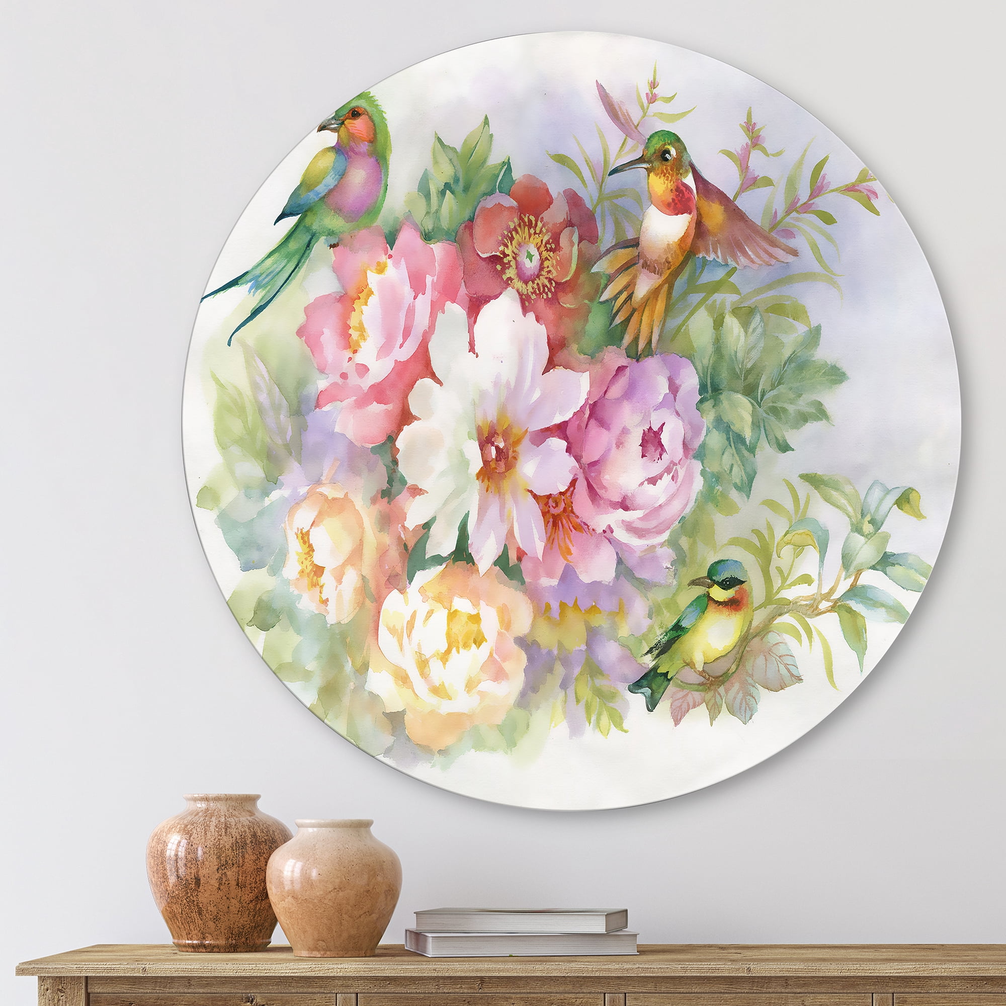 Designart 'Colourful Birds and Vibrant VIntage Flowers' Traditional Circle Metal Wall Art 23x23 - Disc of 23