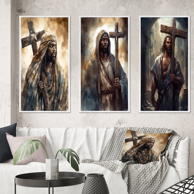 Designart "Jesus with Cross in Black III" Religious Landscape Framed Wall Art Set Of 3 - Black Religious Landscape Frame Gallery Wall Set For Home Decor