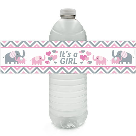 Elephant Baby Shower Water Bottle Labels | 24ct | Pink Its a Girl Decoration Stickers