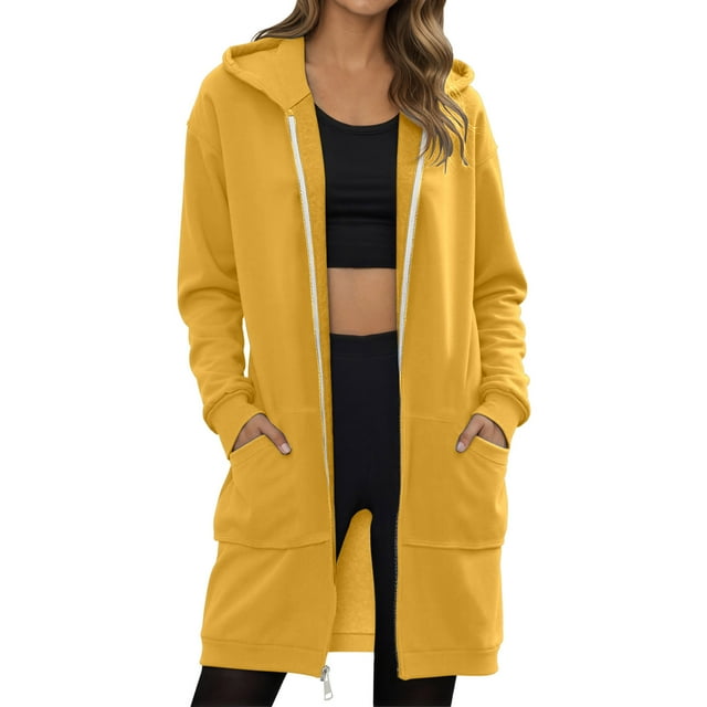 Tiweut Jackets for Women Fall Winter Jacket Long Sleeve Zipper Long-Length Solid Color with Pockets Ladies Classic Blouses Yellow,M