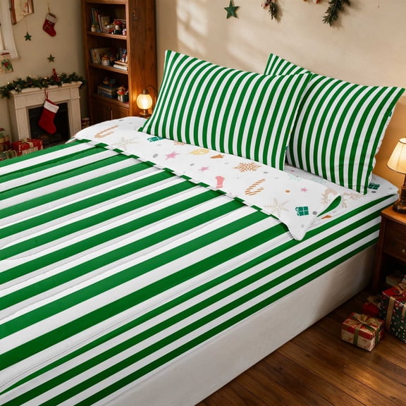 Manfei Stripe Twin Comforter Set Fitted Sheet 2 Pillowcases, Green White, Xmas Reversible