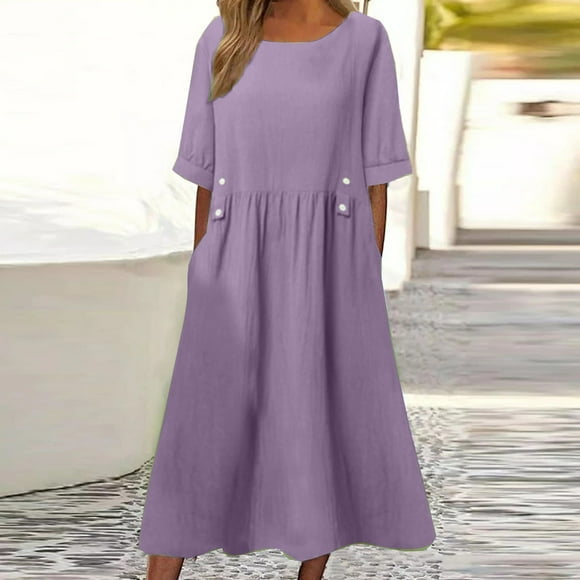 Gspmoly Summer Dresses, Womens Spring and Summer Round Neck Cotton and Linen Casual Pocket Short Sleeved Dress Wedding Dresses for Women Clearance