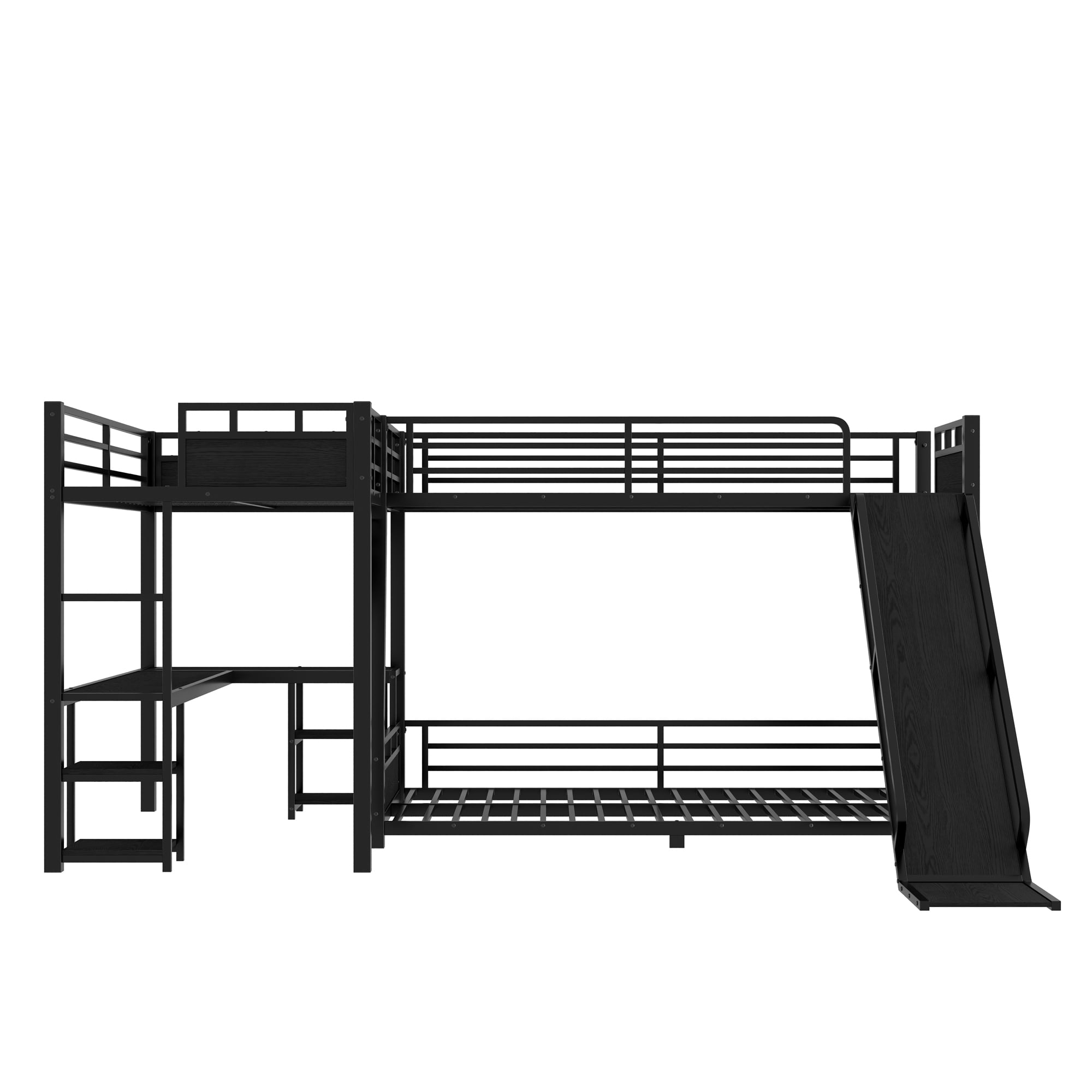 Leumius Full Over Queen Metal Triple Bunk Bed,L-Shaped Triple Bed Frame with Desk, Storage Shelves and USB Charging Port,Black