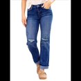 thumbnail image 1 of Pantalones Vaqueros Boyfriend Rectos de Tiro Medio para Mujer, de Mezclilla Elástica y Rasgada, A . Azul Oscuro S, 1 of 8