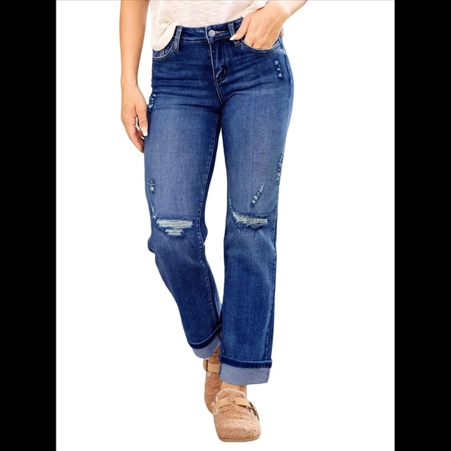 Pantalones Vaqueros Boyfriend Rectos de Tiro Medio para Mujer, de Mezclilla Elástica y Rasgada, A . Azul Oscuro S