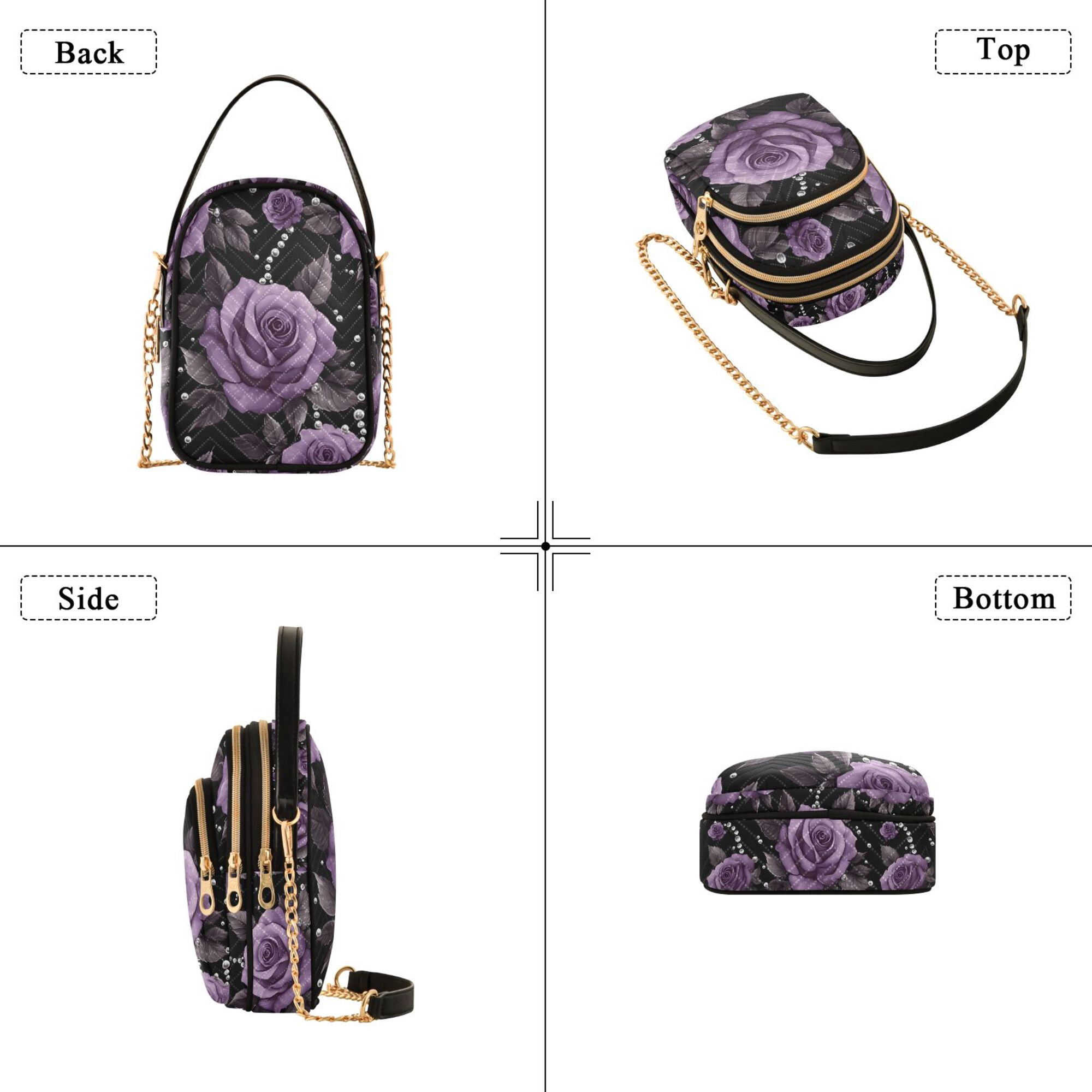 FORMRS Crossbody Bag for Women Quilted Travel Shoulder Cell Phone Purse with Chain Strap Handbag, Black Roses