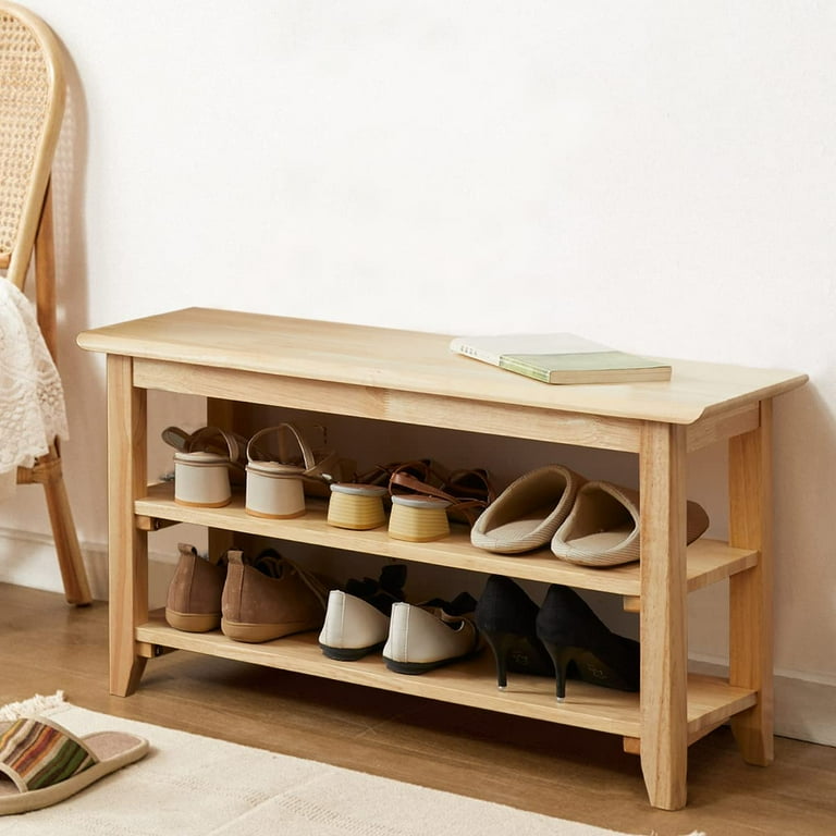 Vlush Shoe Rack Bench 3 Tier Wooden Storage Bench Shoe Organizer or Entryway Bench Good Load Bearing Ideal for Entryway Hallway Living Room and Corridor Natural 31.5 Walmart