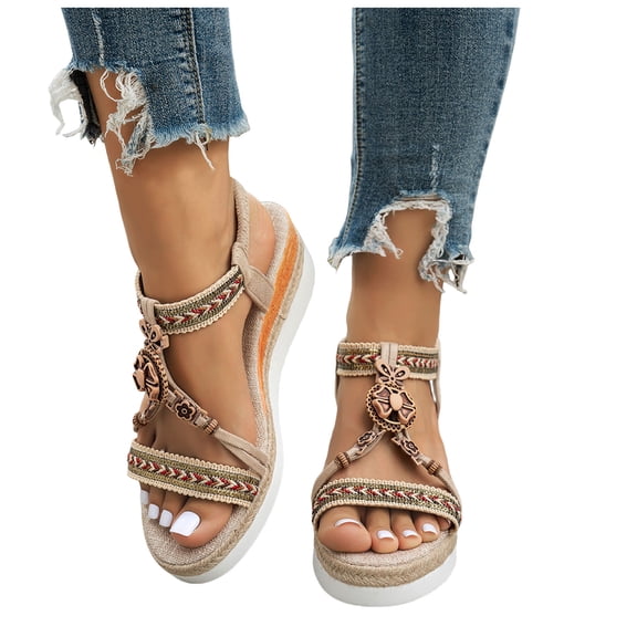 Rokment Vintage Indian Platform Dress Sandals for Women 2026 Summer Beach Vacation Linen Memory Foam Wedges Boho High Heels Slingback Sandals Beige Size 6.5