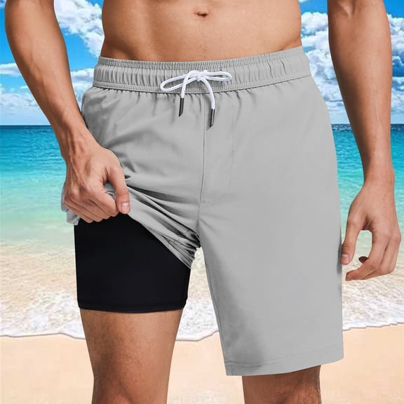 BRGZLK Mens Swim Trunks with Compression Liner Fashion Solid Color Quick Dry Swimming Shorts Summer Vacation Beach Swimsuits Gray L