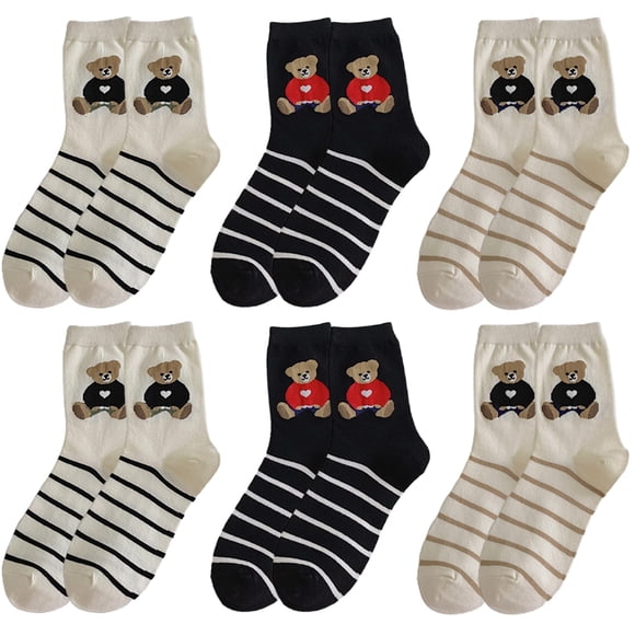 Women Crew Socks Printed: 6 Pairs Bear Cartoon Striped Sports Socks Cotton Socks