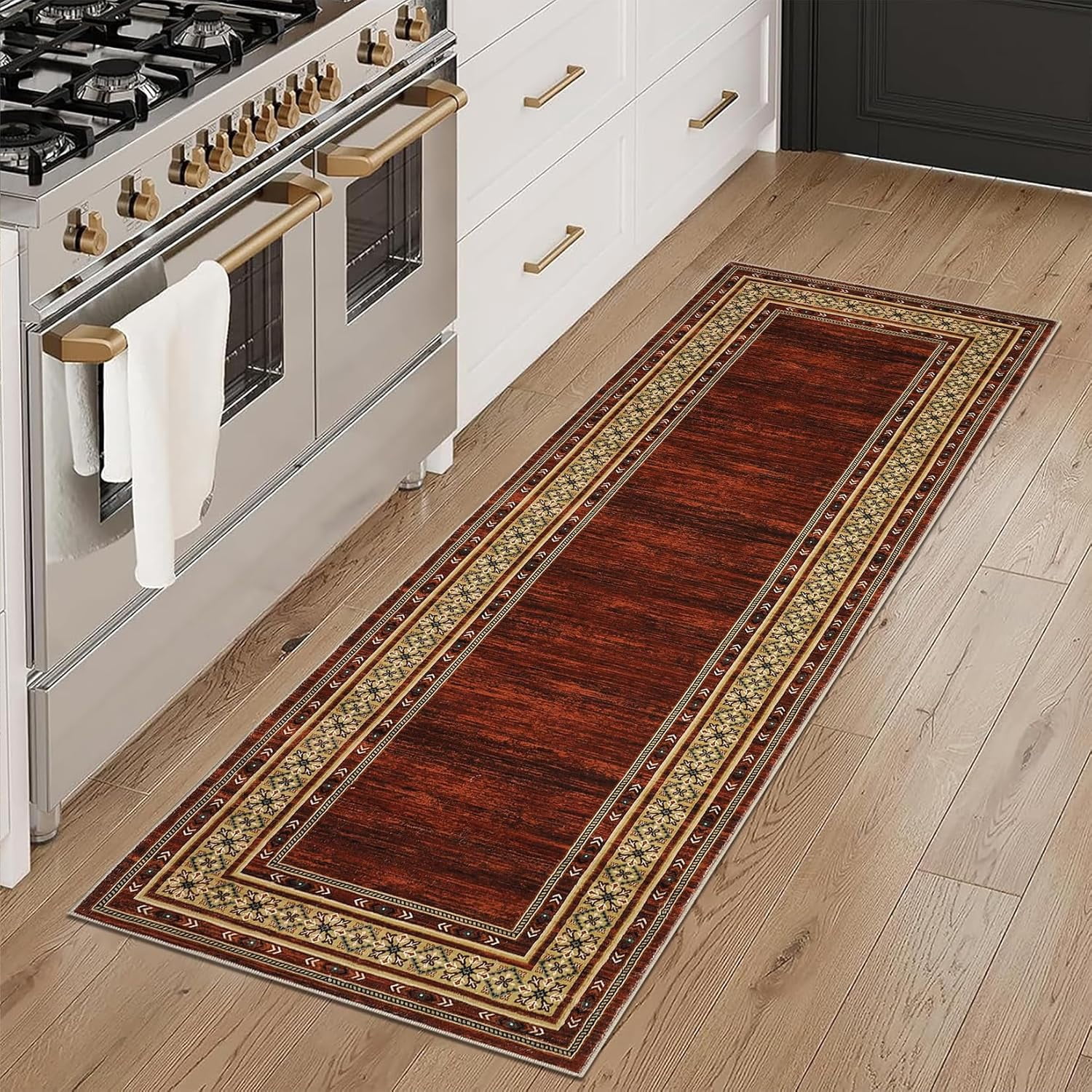 Memoryfield 2'x6' Runner Rug, Modern Bordered Washable Rug Non Slip Bedroom Runner Carpet for Laundry Room Kitchen, Red