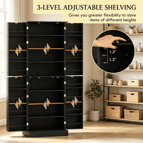 65" Kitchen Pantry Cabinet, 4-Door with 16 Shelves, Black